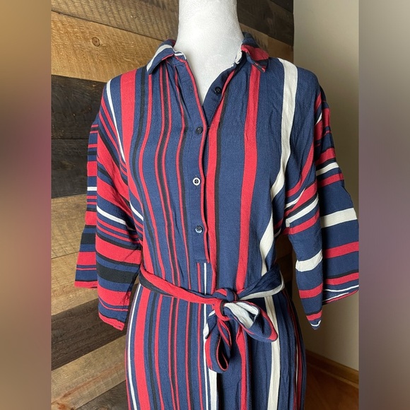 Zara Red White Blue Striped Mid Button-Up Midi Dress, Size Large - Picture 2 of 8